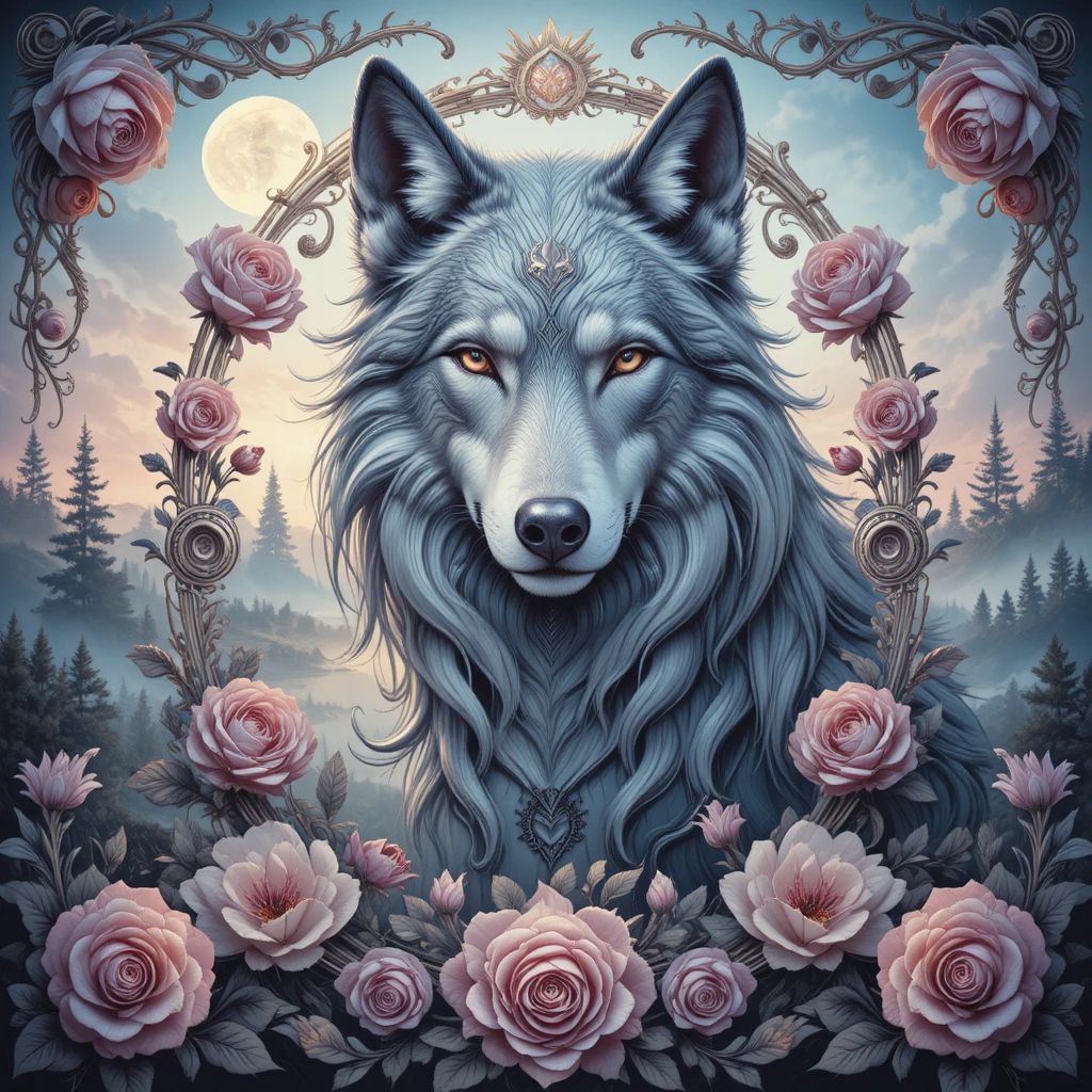 Retrato místico de lobo com rosas ornamentadas e floresta em tons pastéis