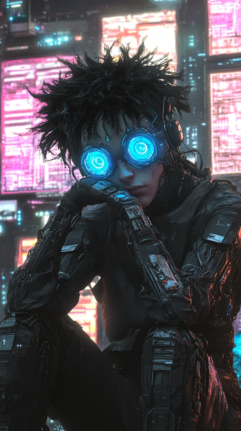 Ciborgue melancólico diante de telas cyberpunk brilhantes