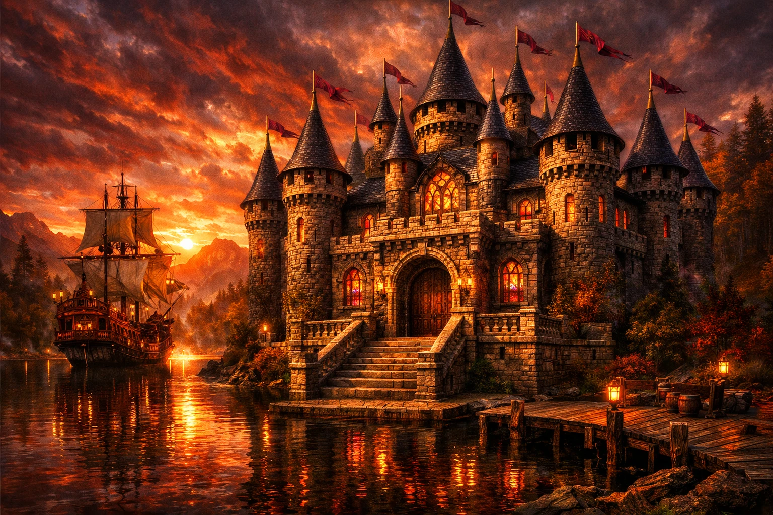 Castelo de pedra surreal à beira de lago na floresta ao pôr do sol