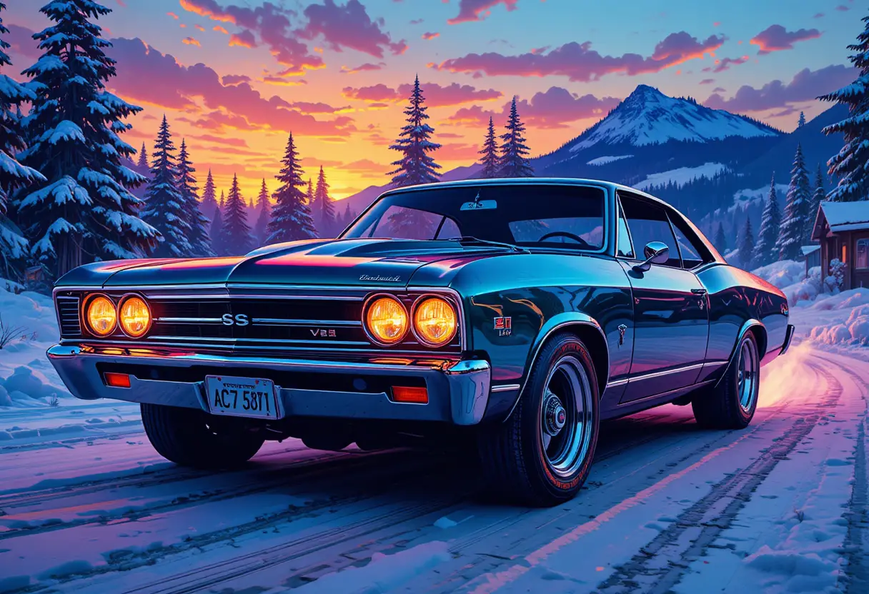 Neon muscle car in retro futuristic twilight scene