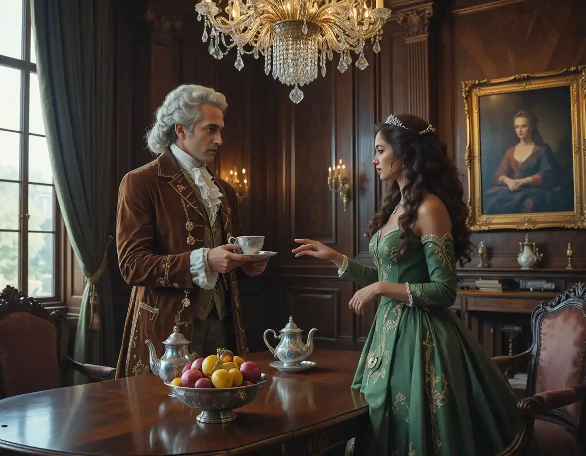 Elegantes barockes Paar beim Teetrinken in prächtigem Interieur