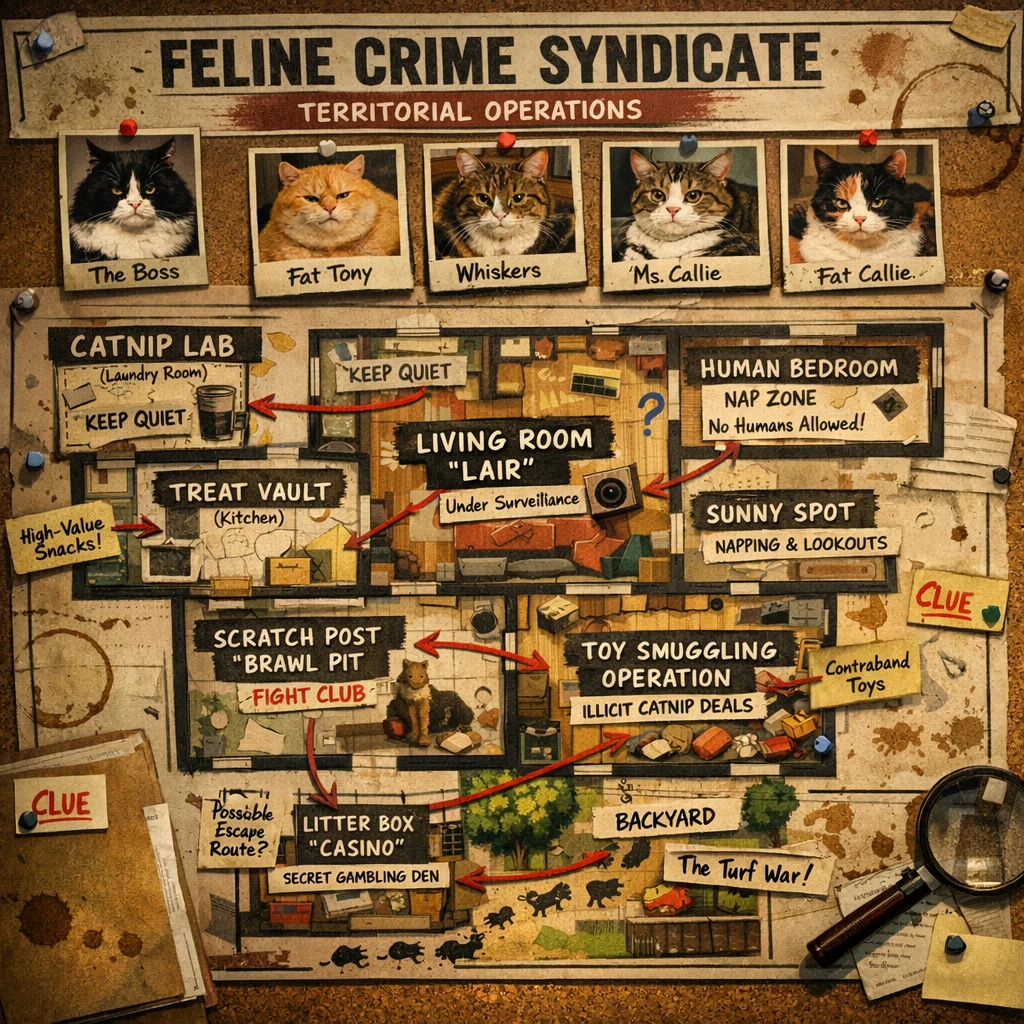 Mapa Humorístico del Sindicato Criminal Felino en Plano de Casa