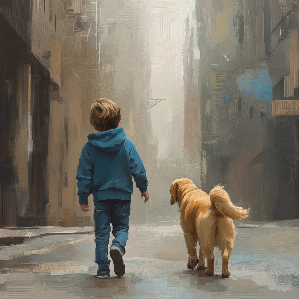 Menino e cachorro caminhando por uma rua urbana enevoada