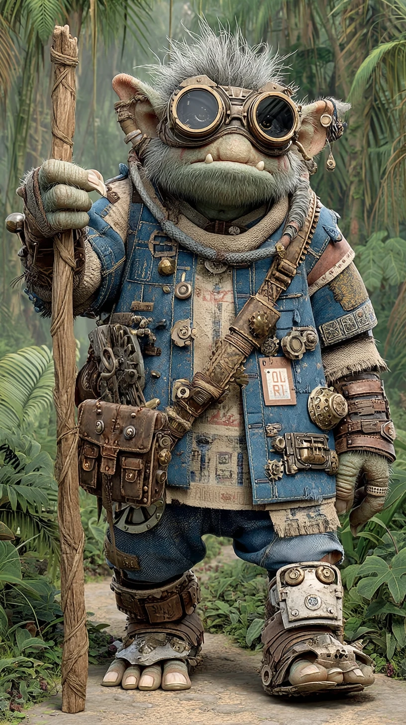 Troll Steampunk Fantasioso Caminhando pela Floresta Escandinava