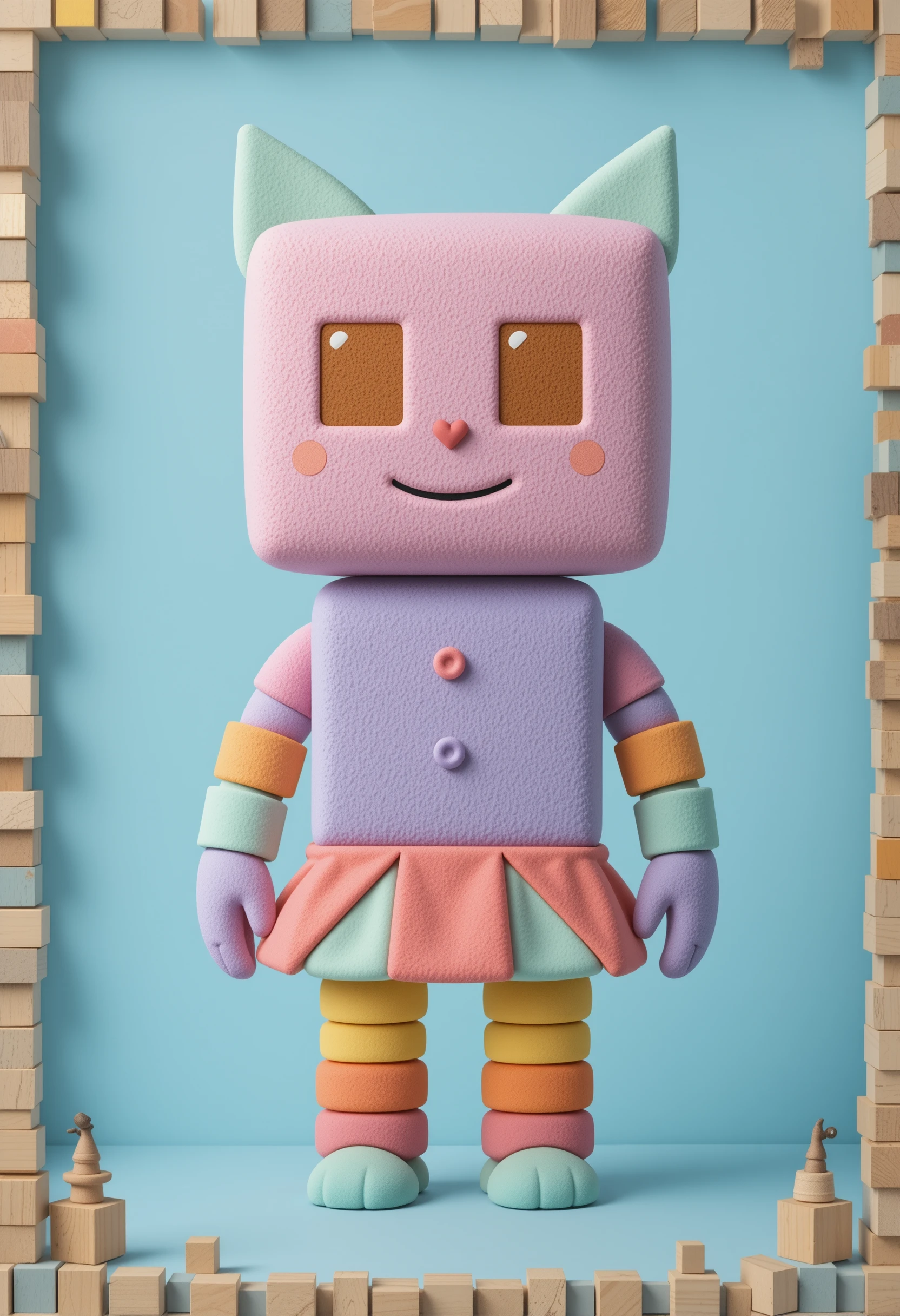 Geometrische Plüsch-Cartoonfigur im Rahmen aus weichen blauen Spielzeugblöcken