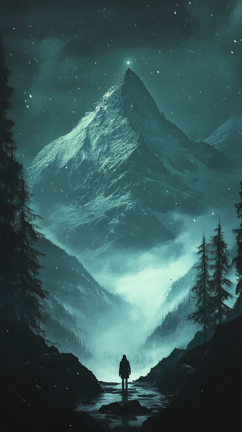 Lonely figure by a mountain fountain in the night