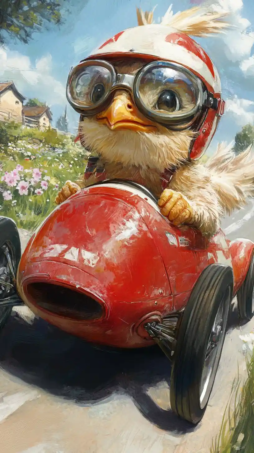 Poussin Joyeux en Course dans une Voiture Rouge Vintage Illustration