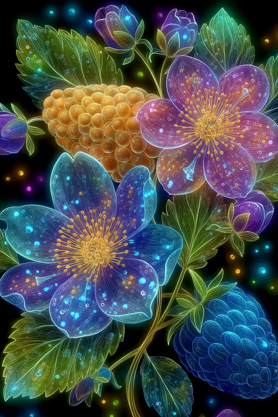 黑色背景上生物發光的花卉與水果靜物