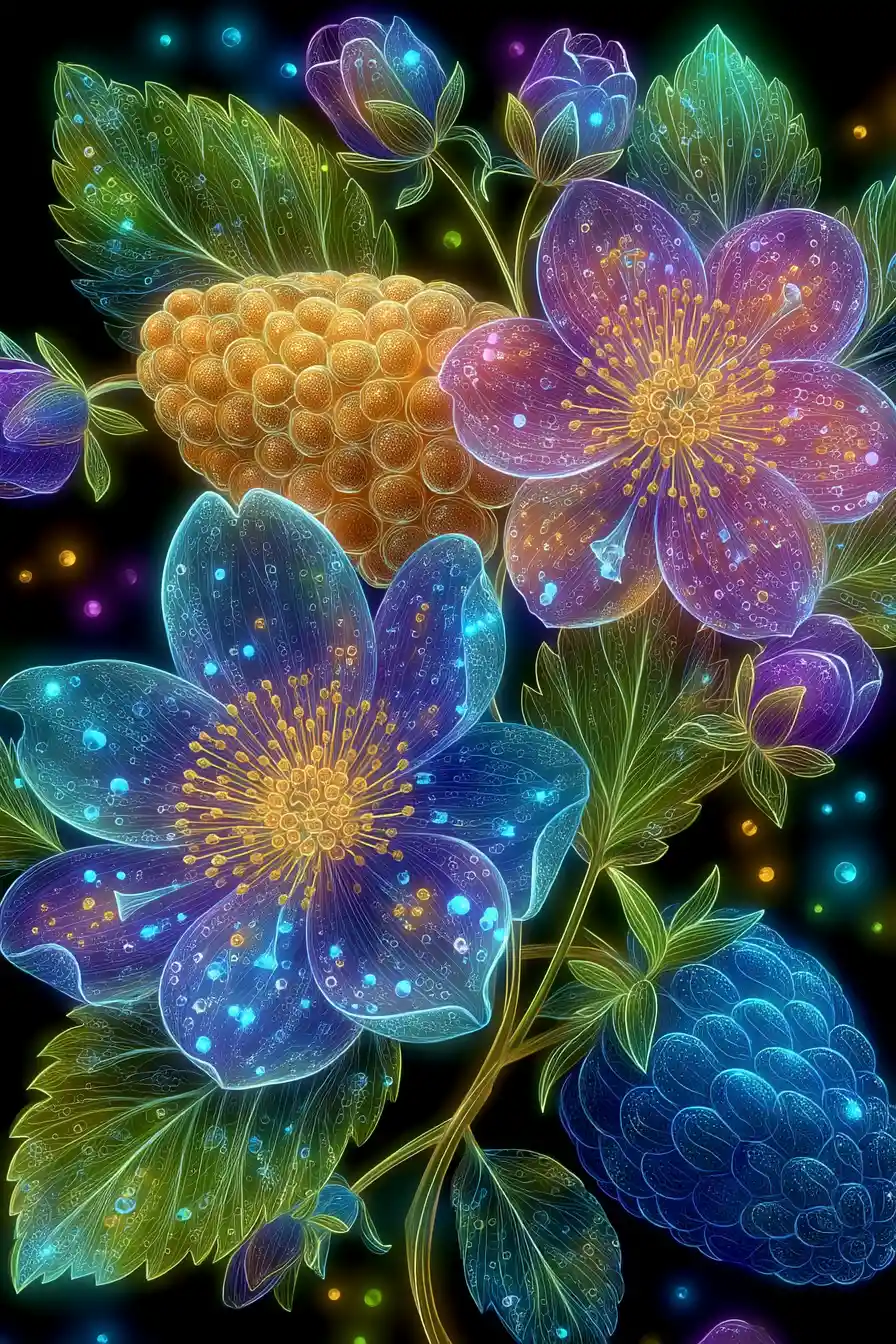 Bioluminescent still life of flowers and fruits on black