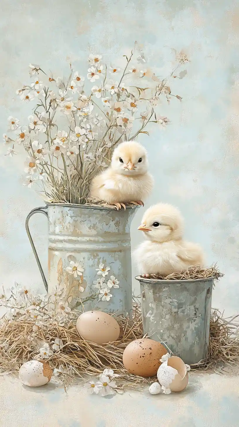Vintage-Küken zwischen Wildblumen und rustikaler Frühlingsdeko