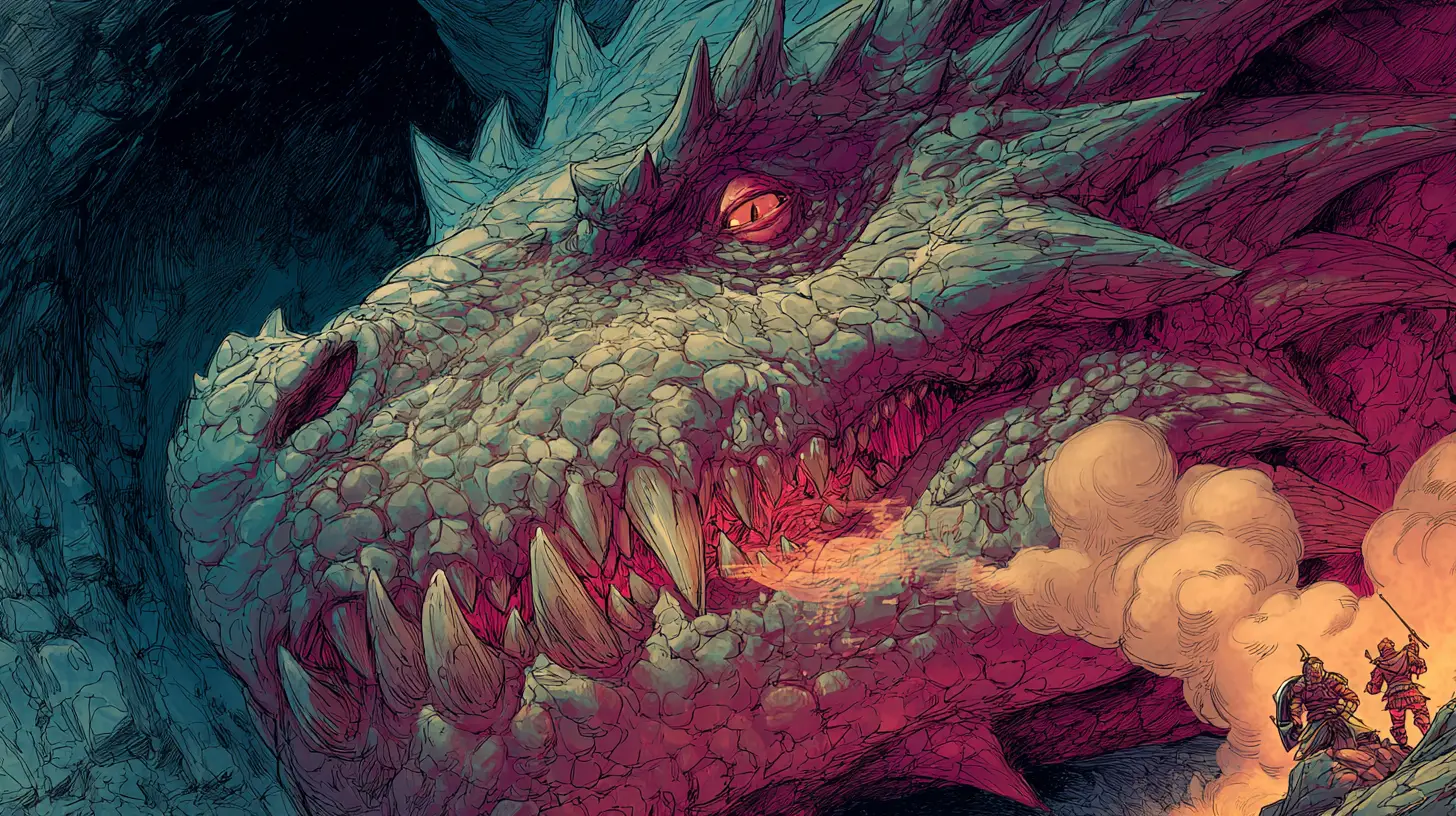 Uralter Drache, der aus einer Höhle in einer intensiven Fantasy-Szene hervorbricht