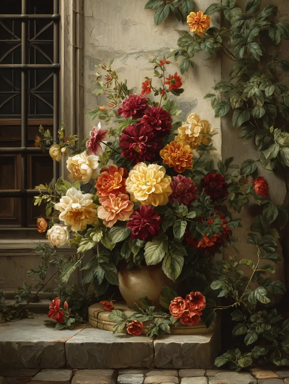 Stille skandinavische Straßenblumen in klassischer Ölmalerei