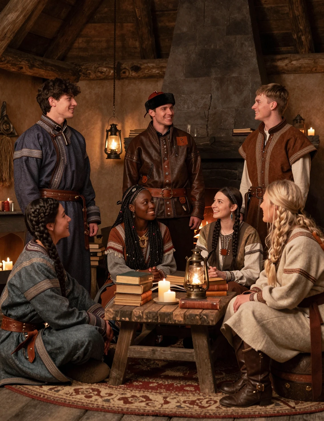 Diverse fantasy friends relaxing in a rustic candlelit room