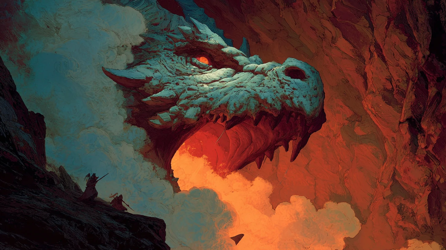 Ancient dragon head erupting from a cave toward hunters