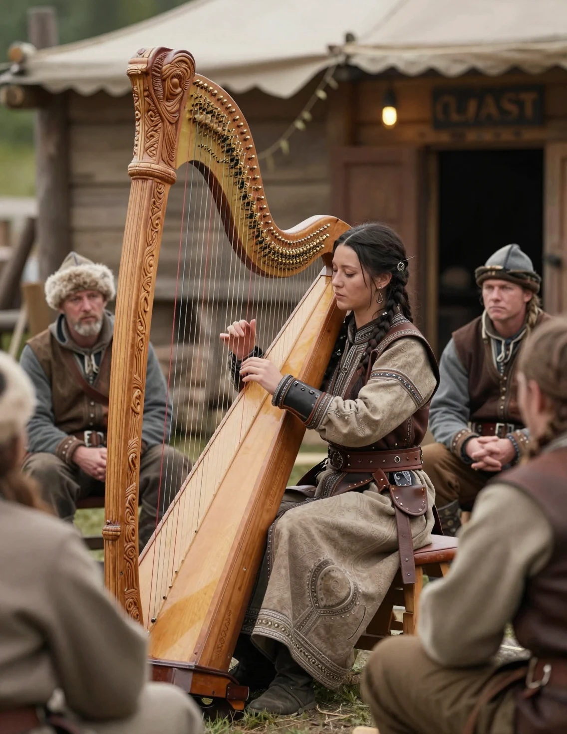 Mongolische Frau spielt Harfe in einer rustikalen Fantasy-Taverne