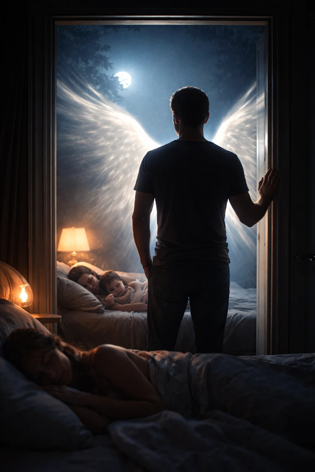 Man in moonlit doorway watching his sleeping family