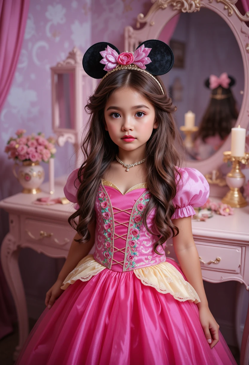 Menino vestido de princesa posando em uma penteadeira da Disneyland