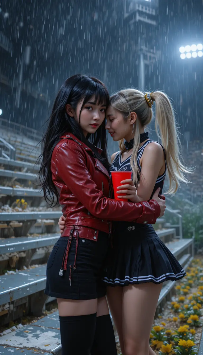 Goth girl flirting with cheerleader under rainy night bleachers