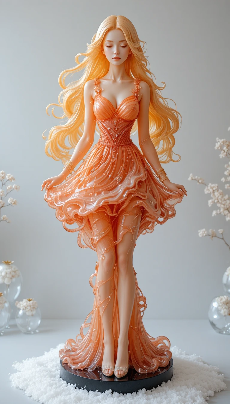 Elegante Glasstatue mit spiralförmigem Haar und Kristallschuhen