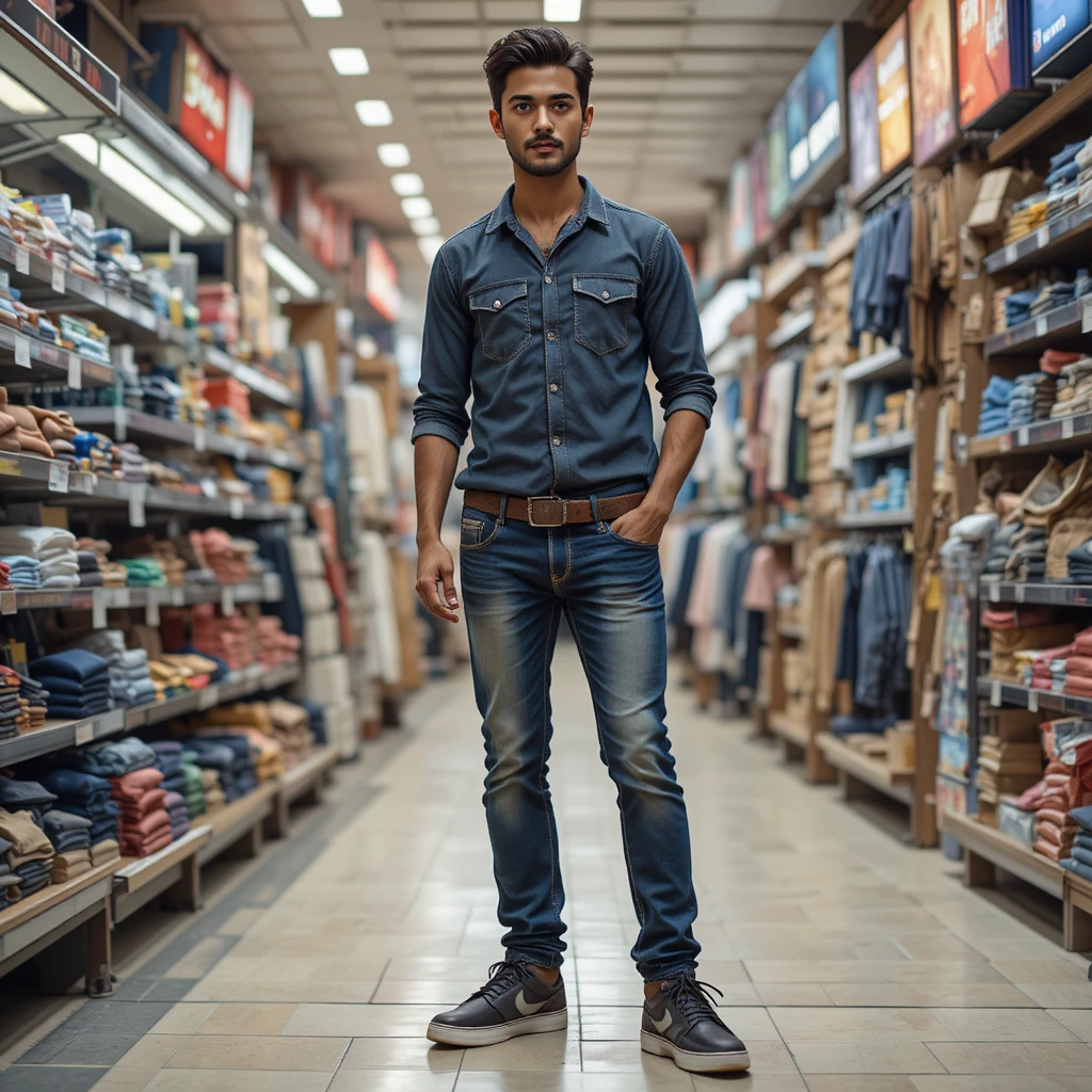 Affe in Jeans und T‑Shirt läuft über indischen Markt