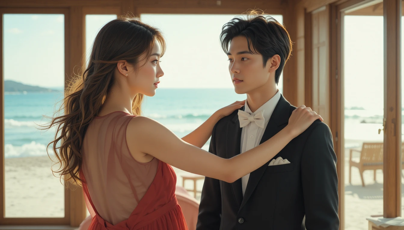 Romantic couple in a winter seaside resort room