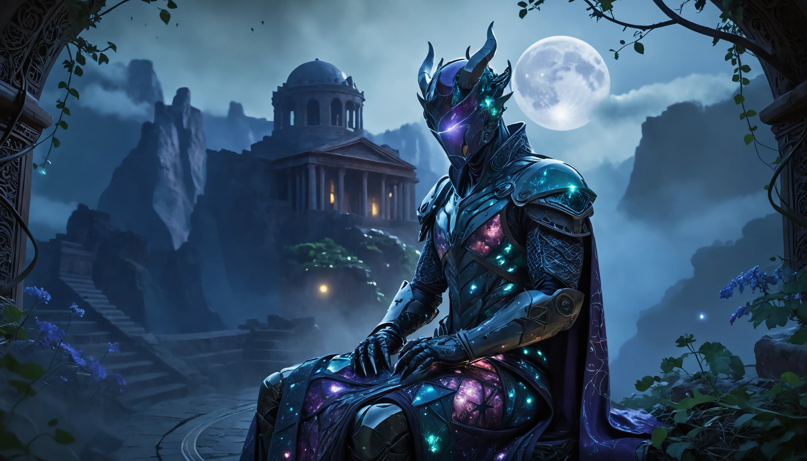 Druido forgiato di cristallo in ginocchio in meditazione al chiaro di luna