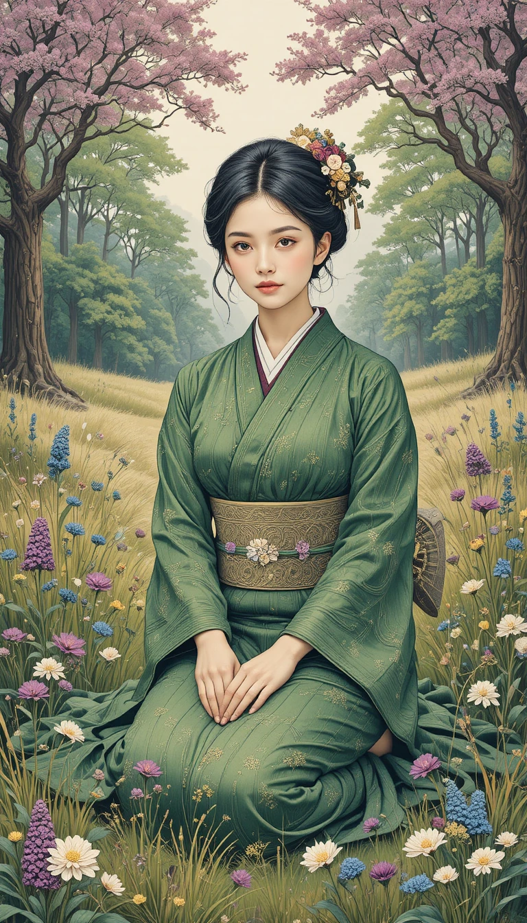 Young woman kneeling in kimono on a sunlit meadow