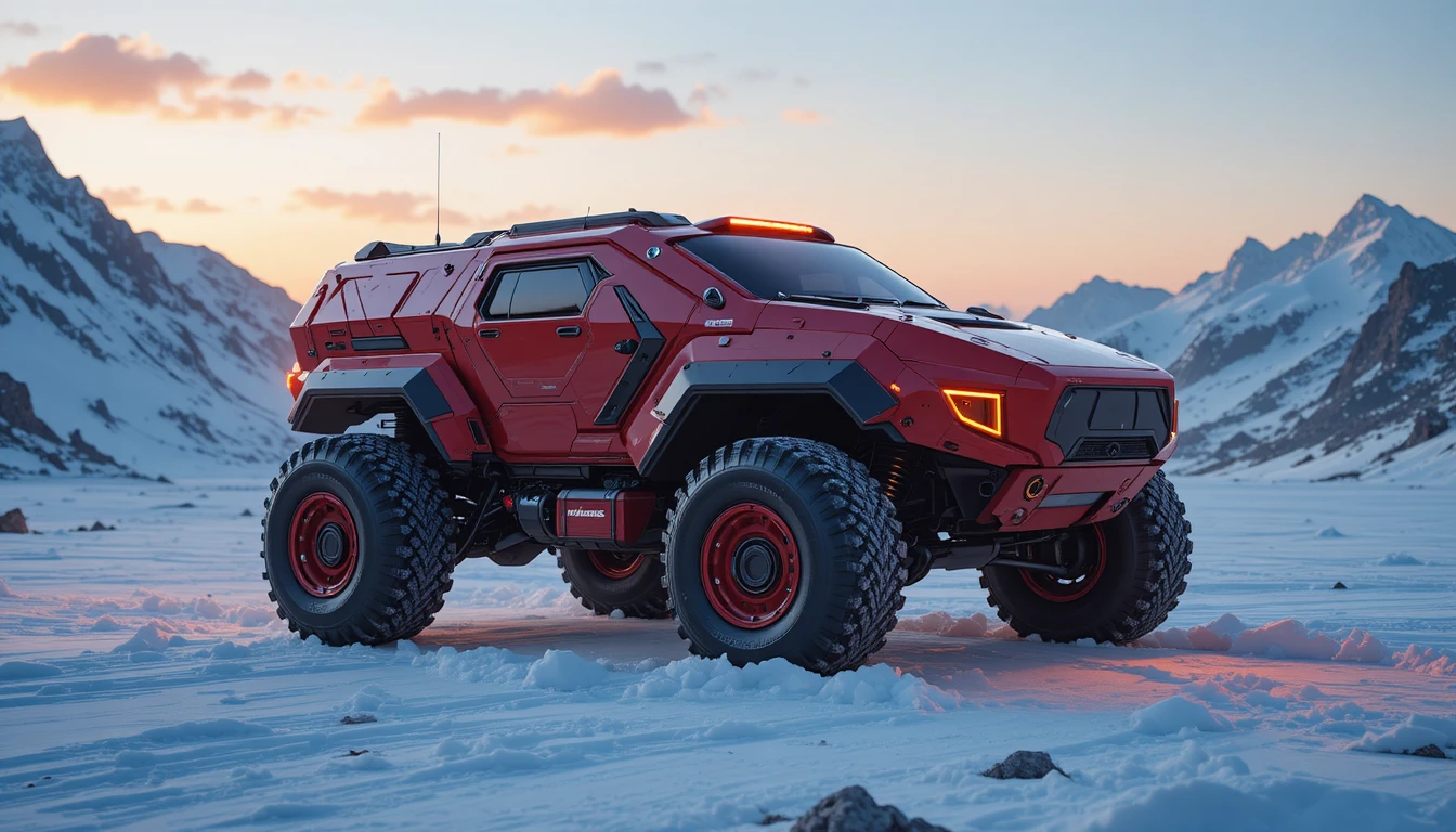 Futuristic crimson armored vehicle in snowy mountain sunset