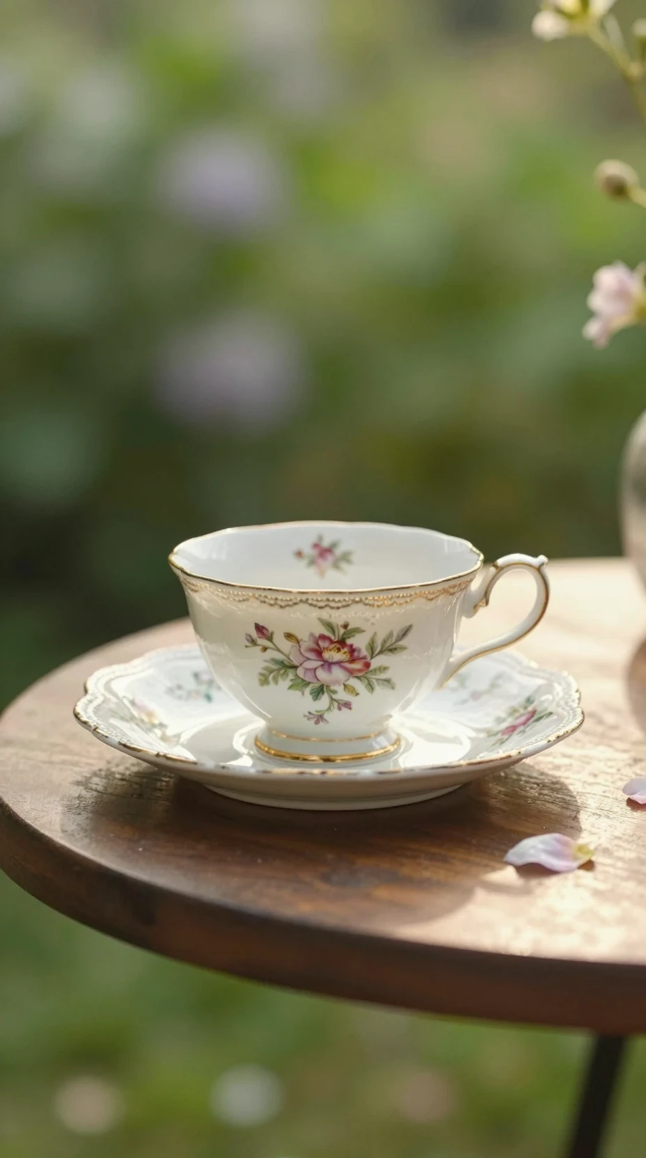 Xícara de chá de porcelana vintage ao sol sobre pires de madeira