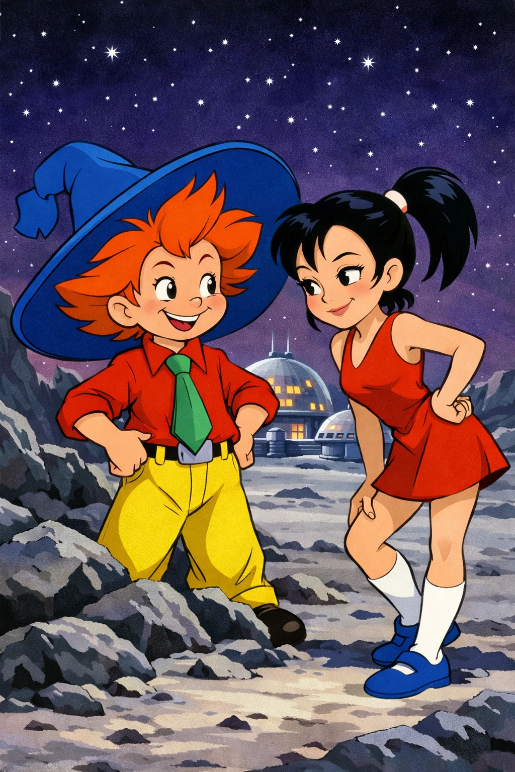 Anime pair on a lunar landscape under a purple starry sky