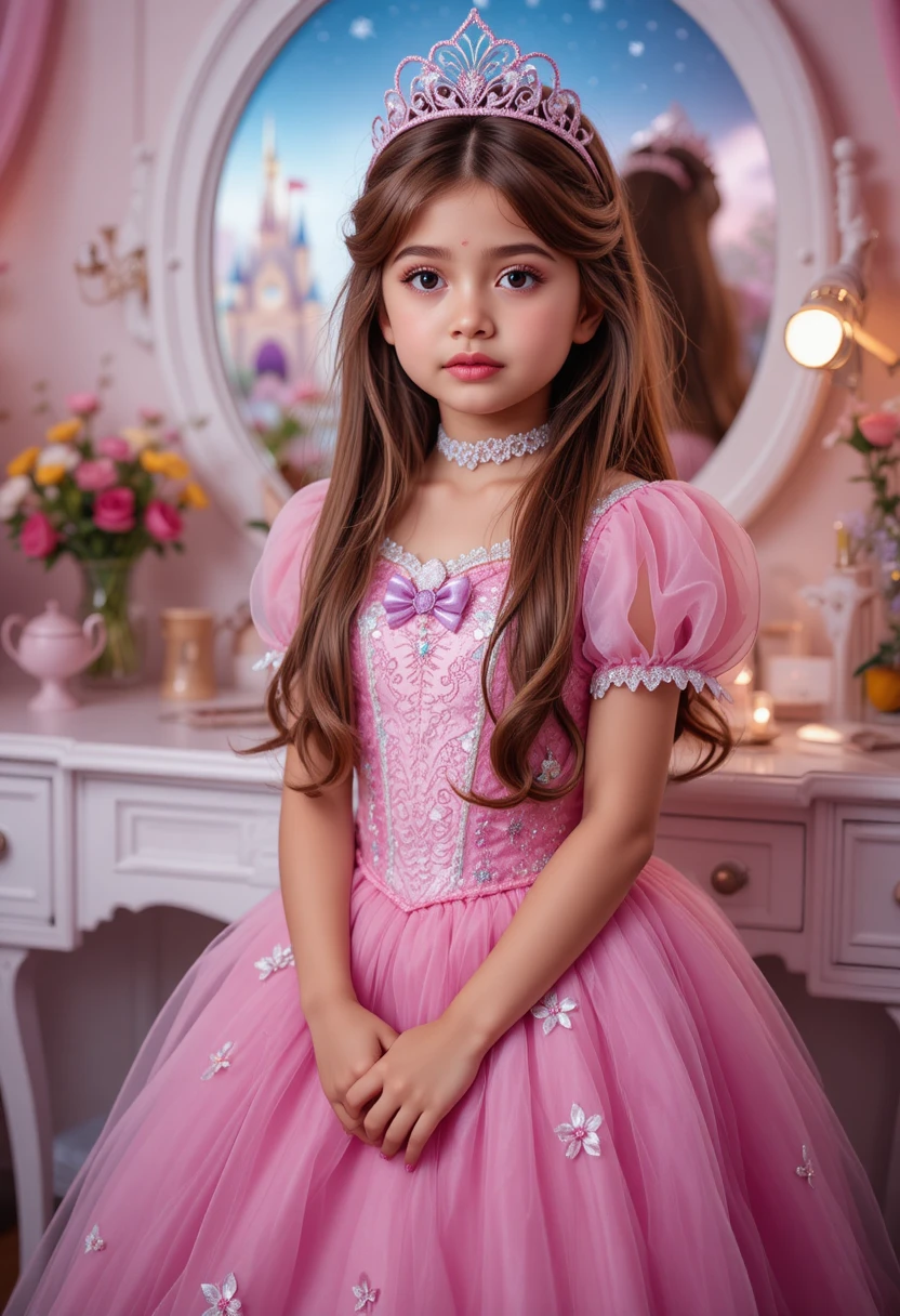 Young boy in princess costume posing at Disneyland vanity