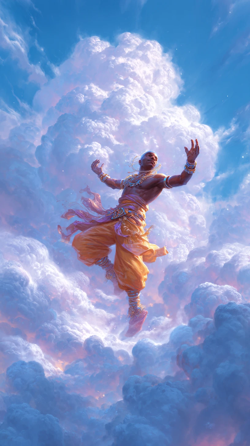 Homem alegre dançando sobre nuvens fofas sob um céu brilhante