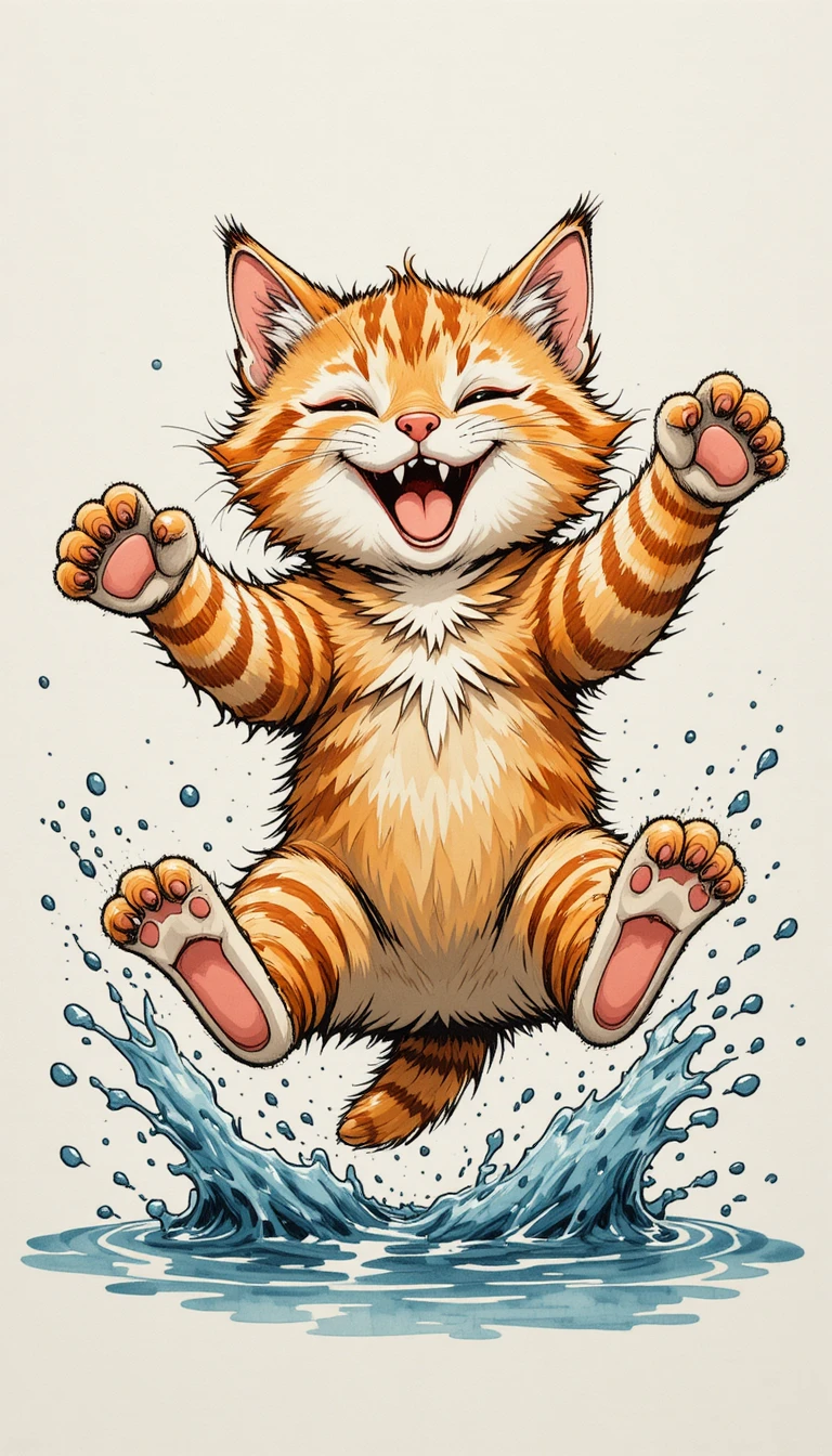Filhote de gato malhado em desenho animado saltando pela água que espirra