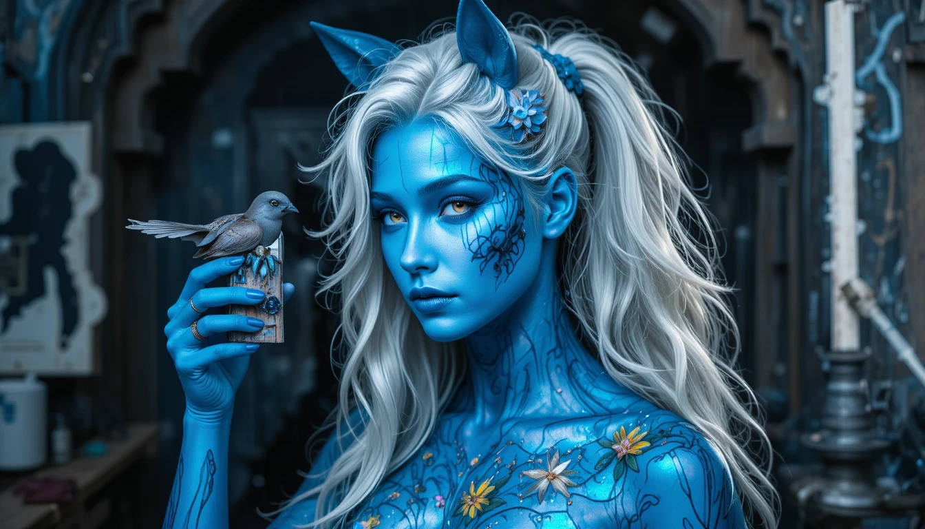 Woman with blue body painting and bird chest design