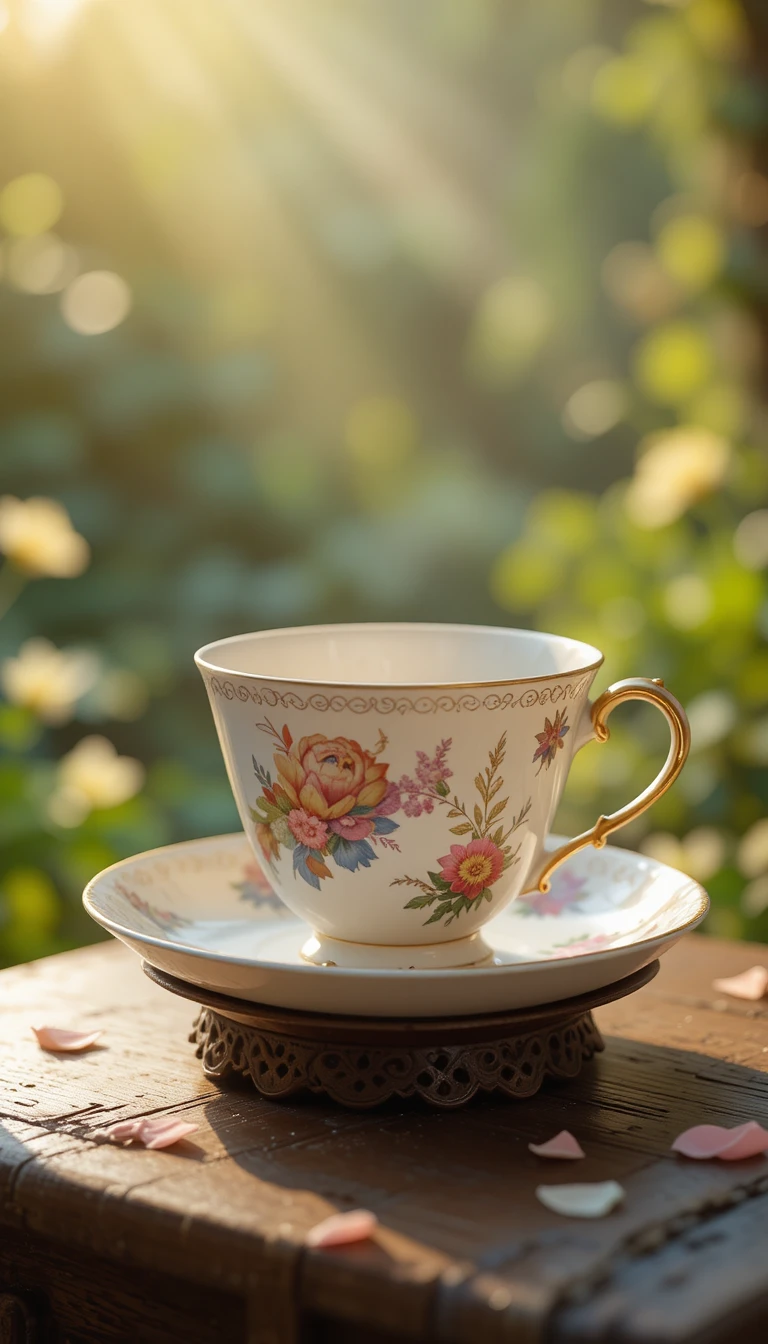 Xícara de chá de porcelana antiga na luz morna da manhã no jardim
