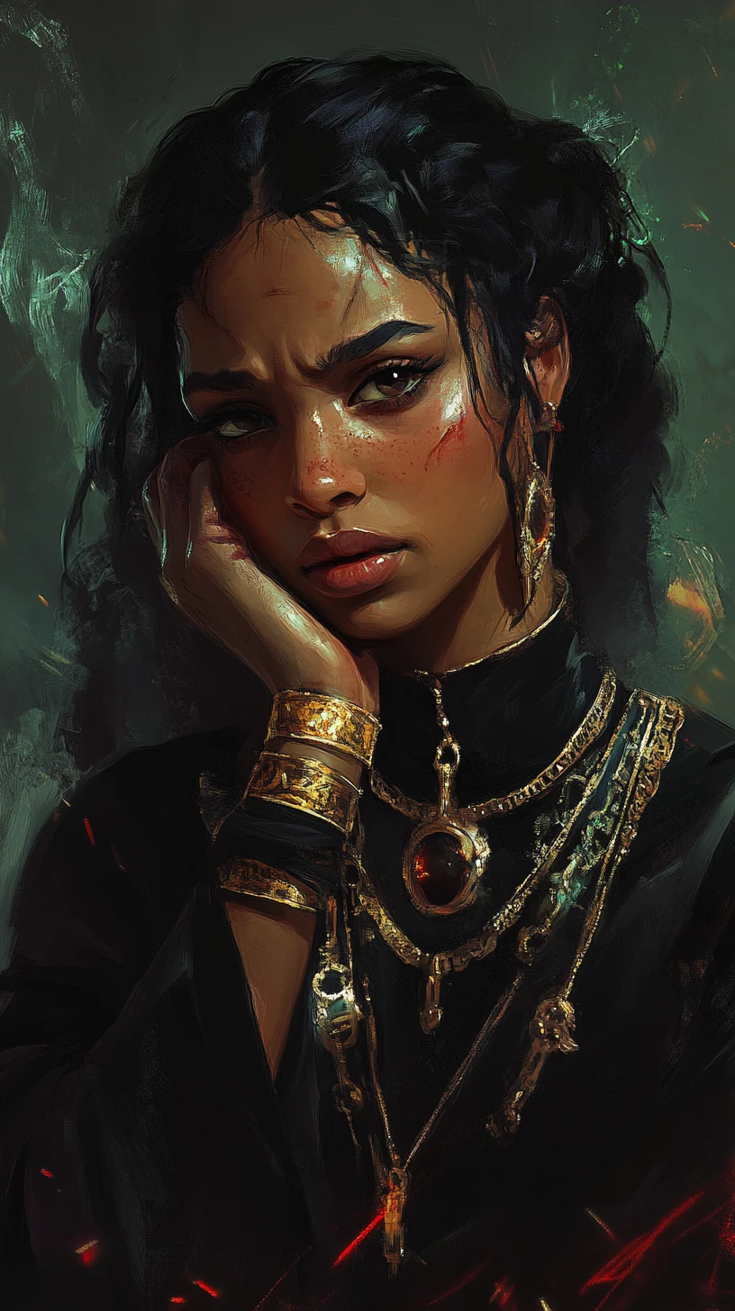 Crying witch clutching bloodstained coins in a dark curse