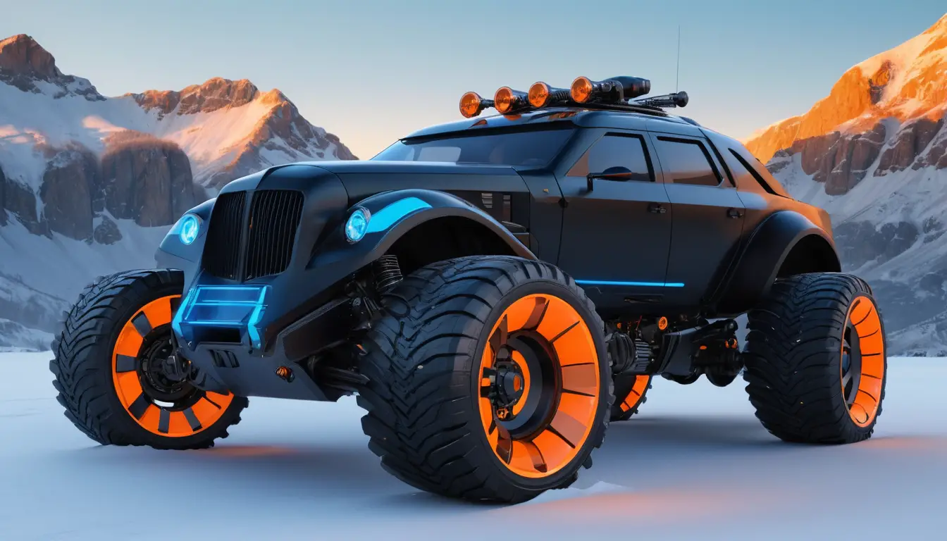 Futuristic armored hot rod in snowy mountain sunset