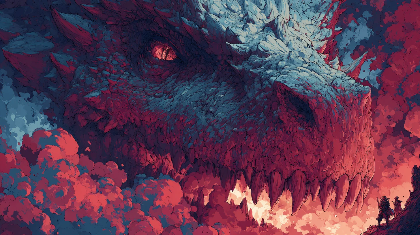 Ancient dragon head roaring from cave at fearless hunters
