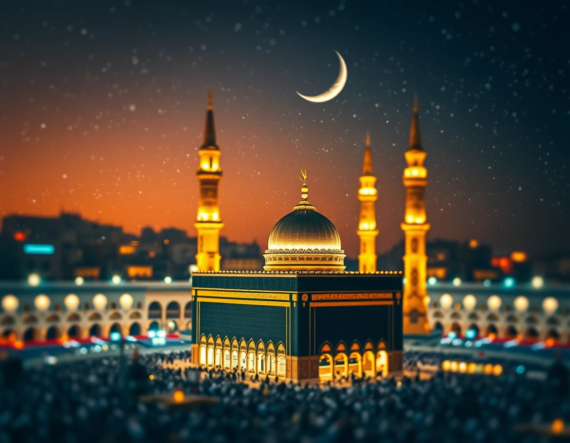 Vista noturna da mesquita sagrada sob uma lua crescente