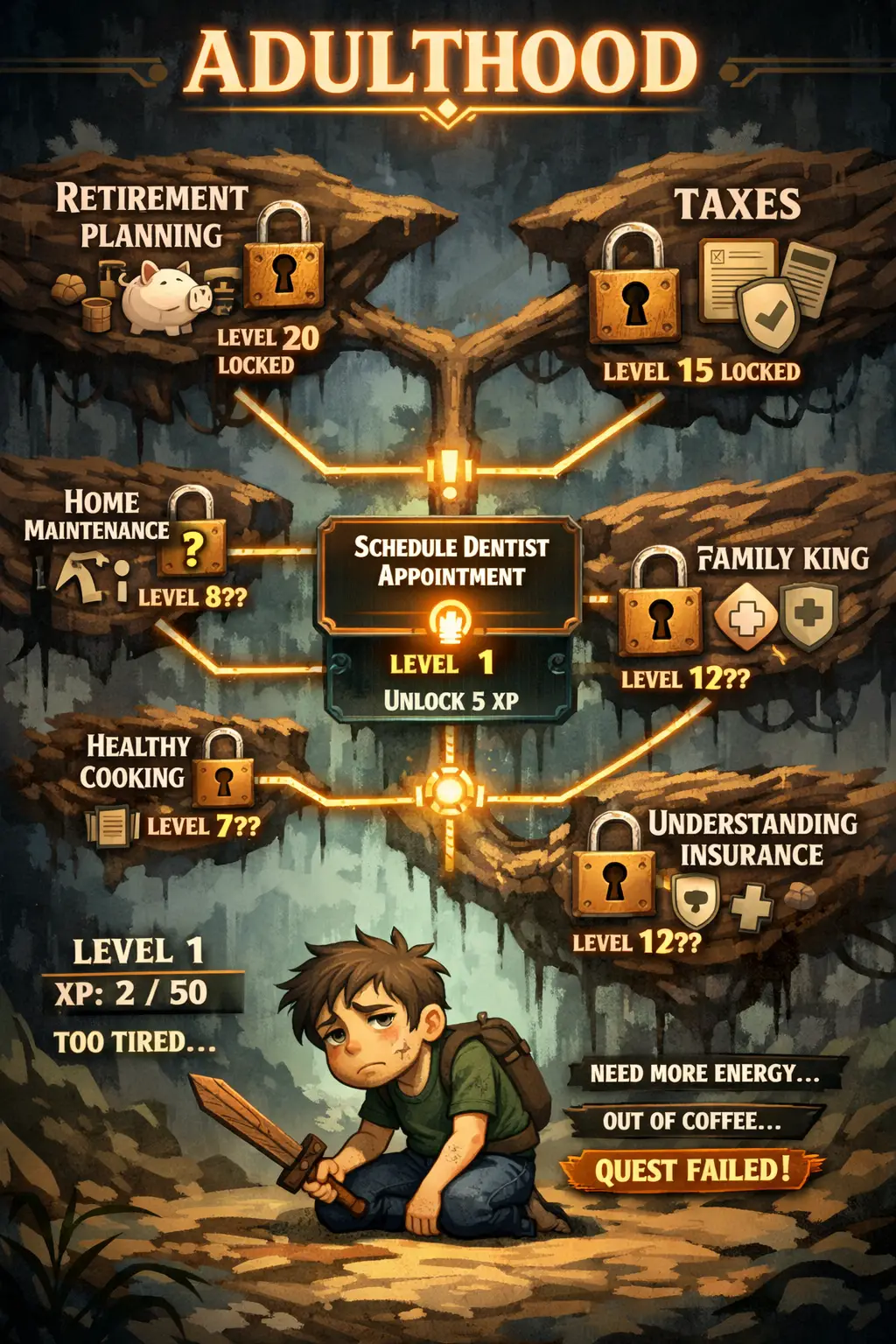 Videospielartiger Erwachsenenskilltree mit müdem Spieler