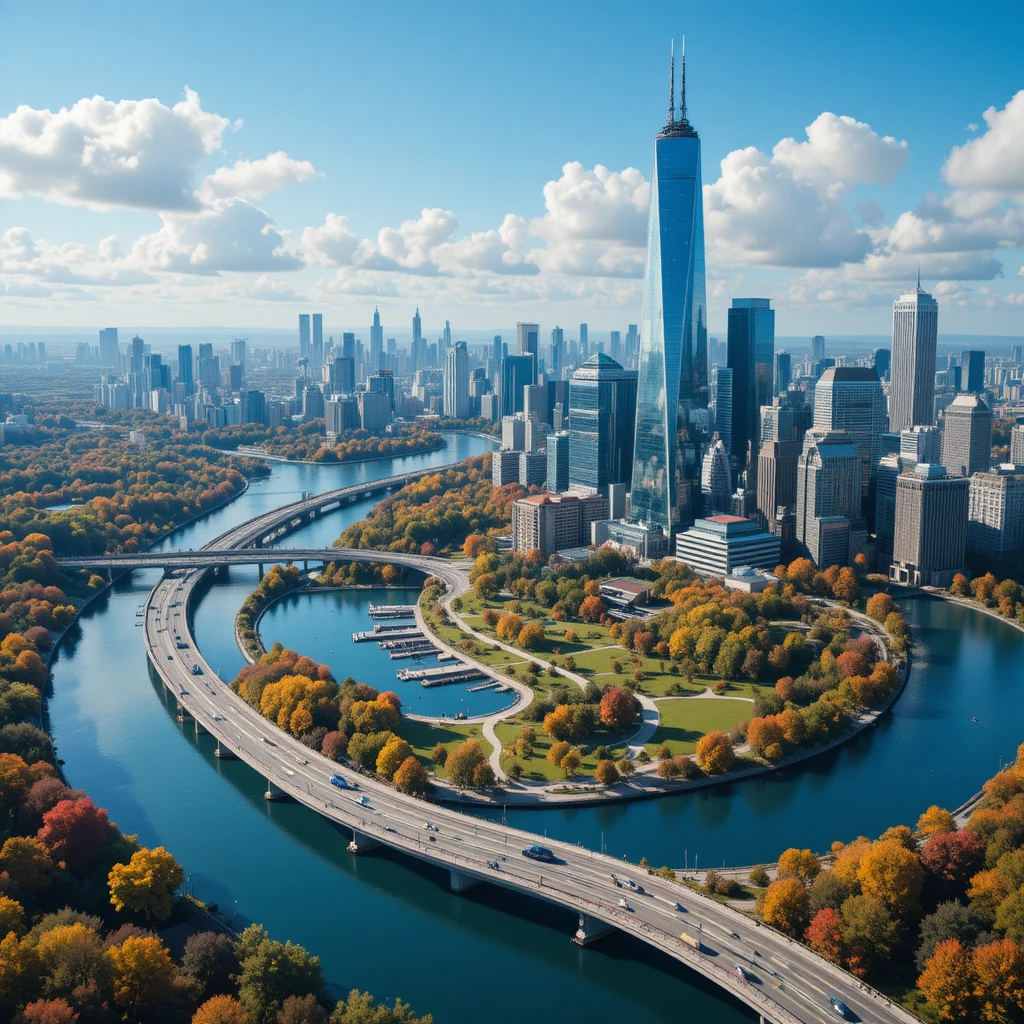 Skyline de ville moderne avec autoroutes en bord de fleuve et parc d’automne