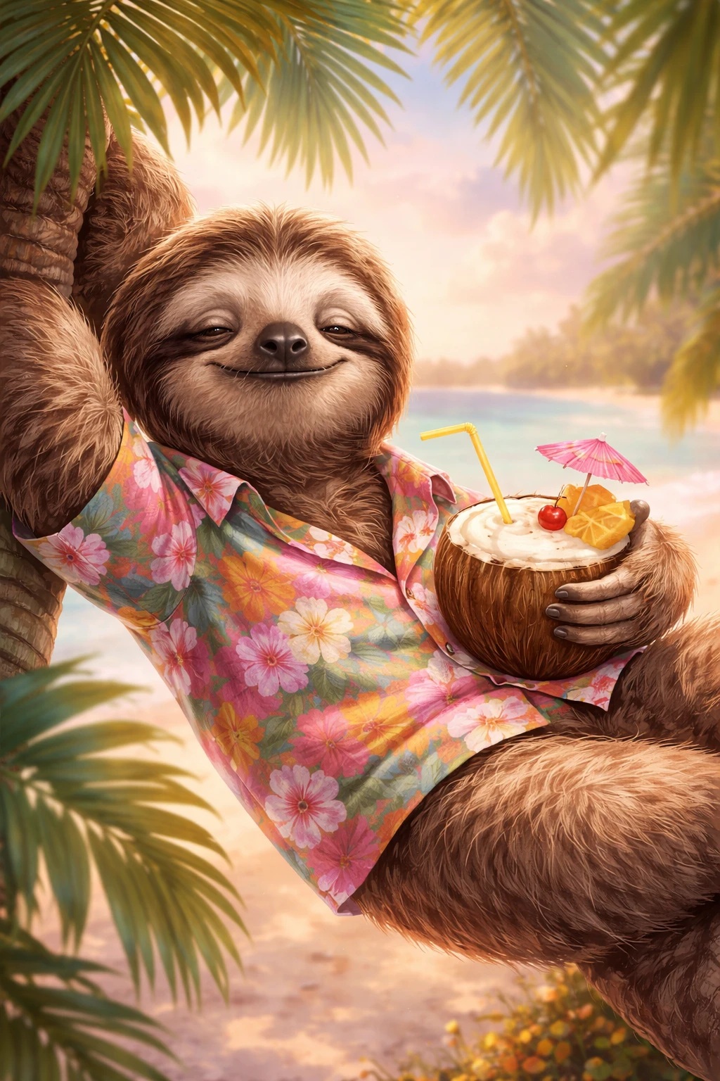 Preguiça sonolenta tomando piña colada em uma praia tropical em tons pastel