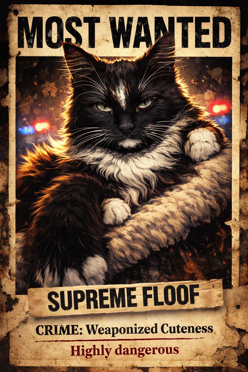 Kinematisches Steckbriefposter einer flauschigen, selbstzufriedenen Katze