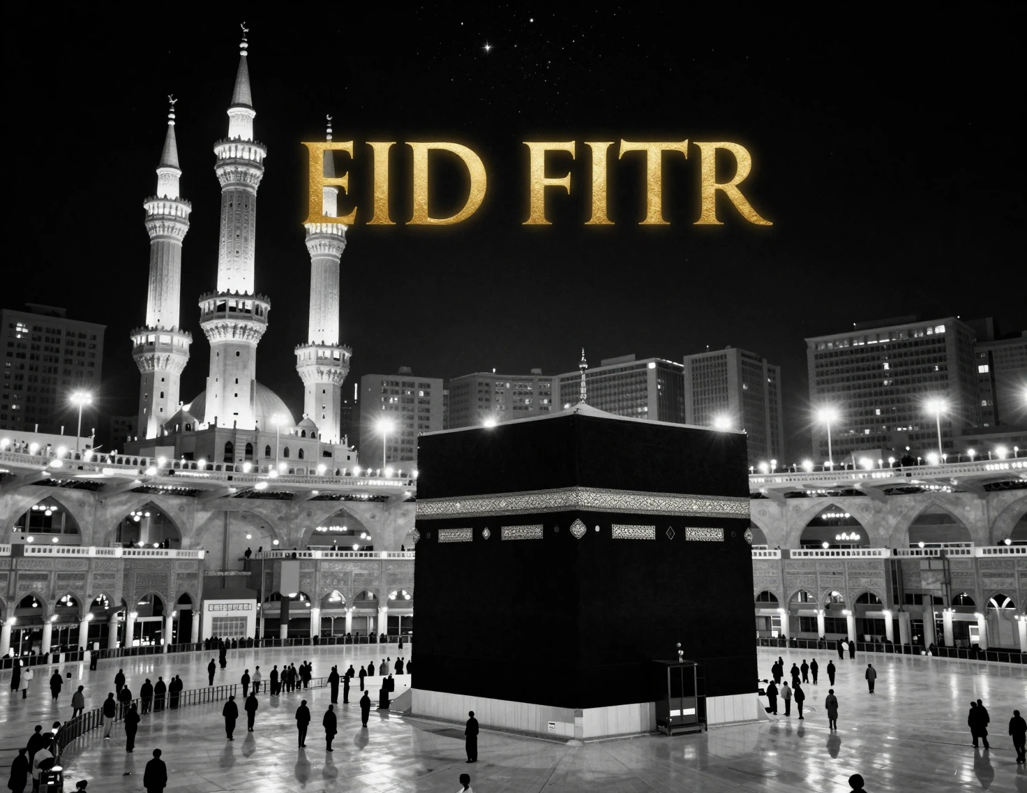 Veduta notturna della moschea sacra alla Mecca sotto un cielo stellato