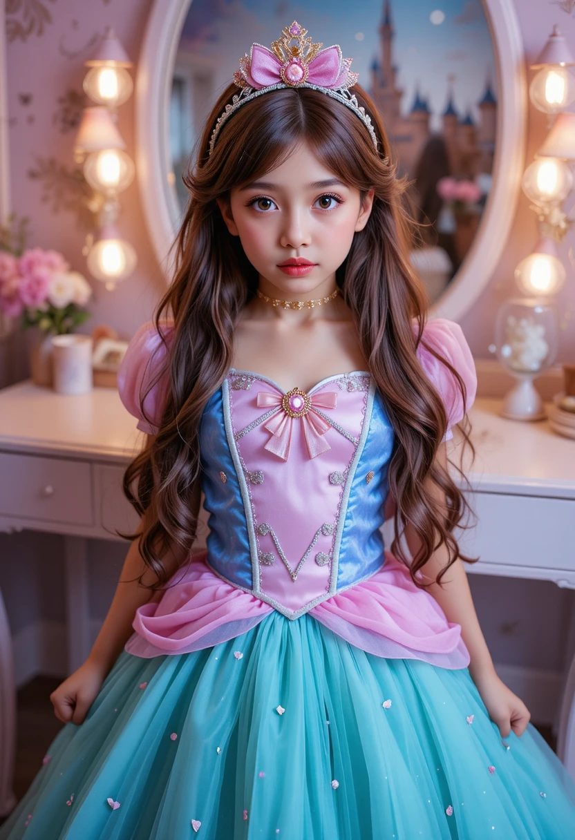 Jeune garçon en costume de princesse devant une coiffeuse féerique