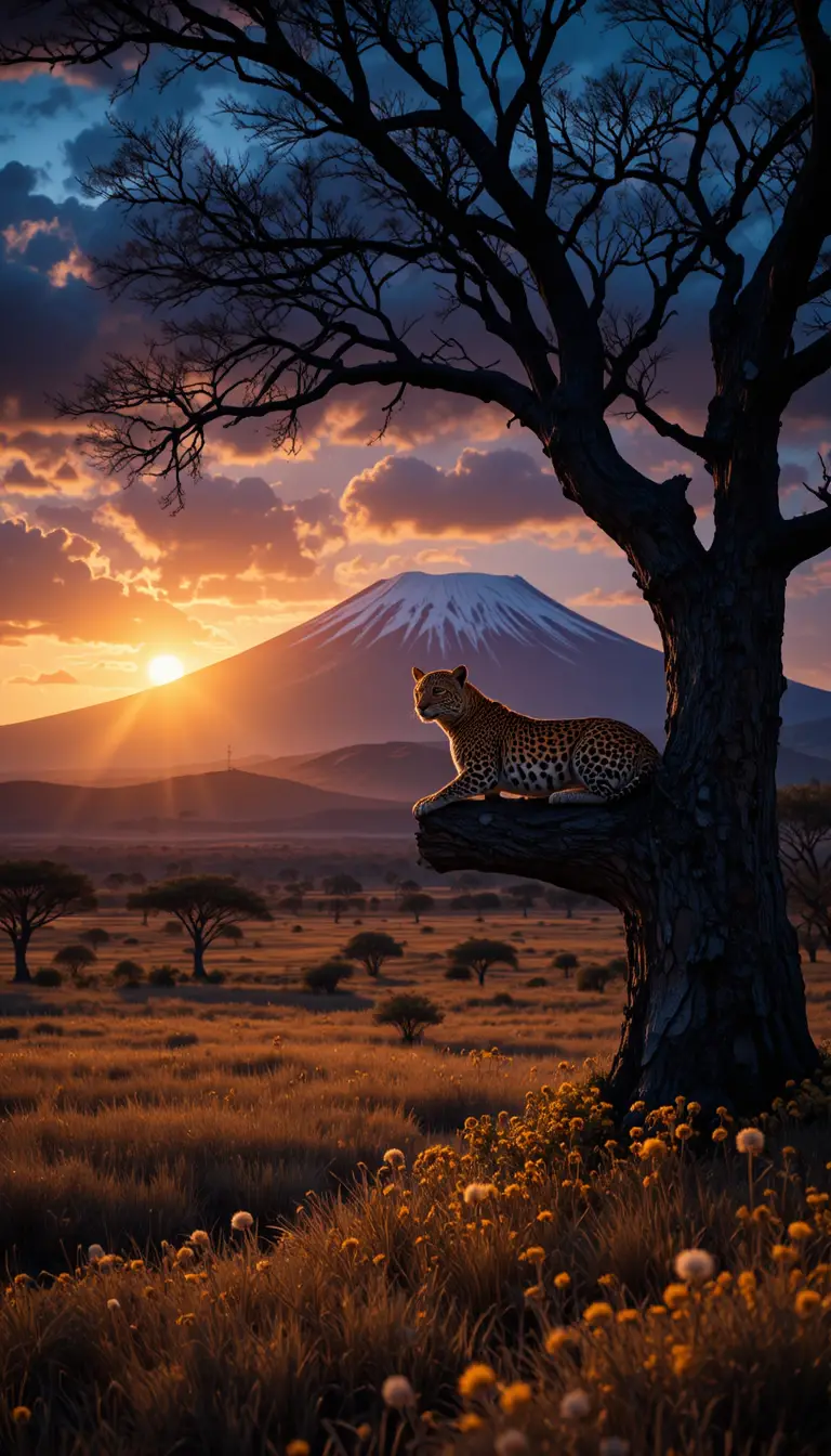 Leopardo vigile che riposa su un’alta acacia di notte