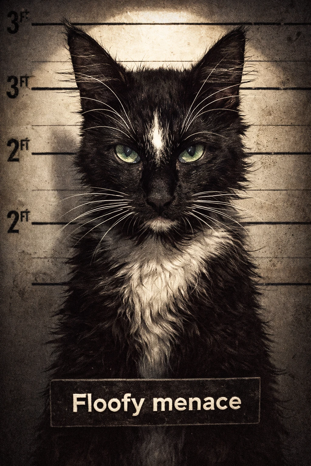 Chat de dessin animé malicieux en photo de mugshot sous une lumière crue au plafond