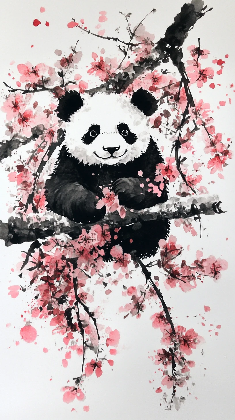 Ink painting of a panda among soft pink cherry blossoms