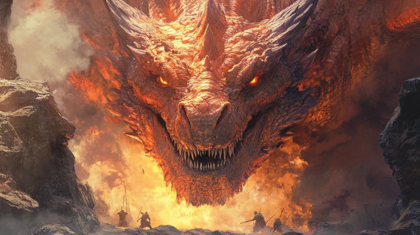 Ancient dragon roaring from a cave at fearless hunters