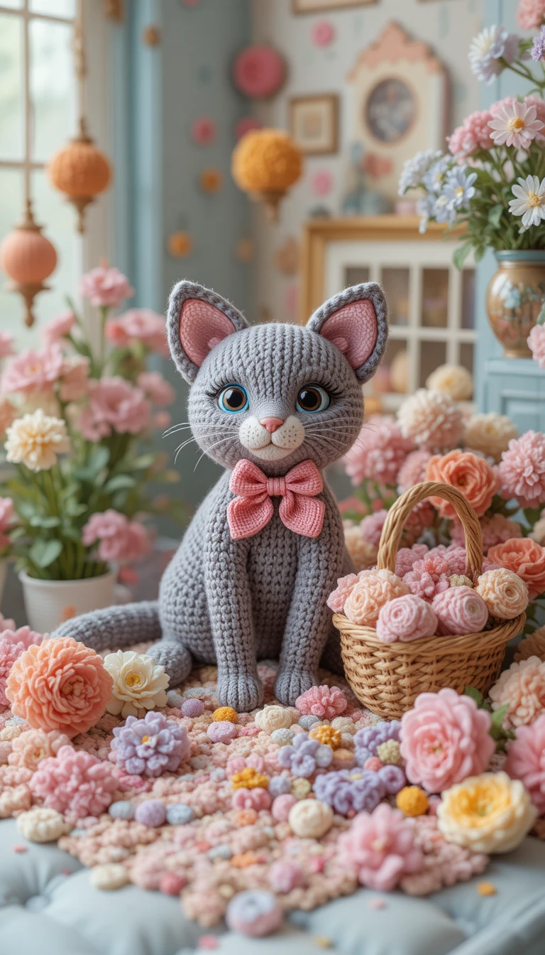 Gatinho cinza tricotado com laço de renda entre flores de lã